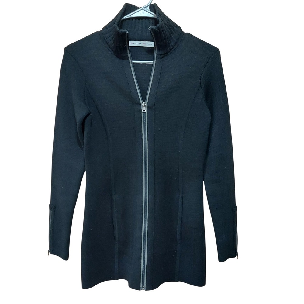 Athleta Womens Black Merino Wool Blend Full Zip Mock Neck Sweater Jacket XXS
